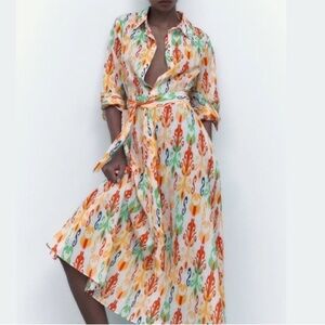 Zara Multicolor Ikat-Print Maxi Shirt Dress — Orange, Green, Blue